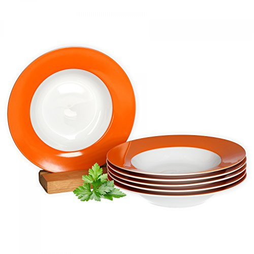Lot de 6 assiettes creuses Van Well en porcelaine, coloris au choix. Orange