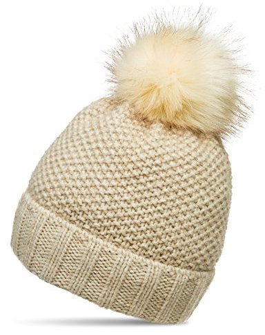 Caspar MU173 Damen Winter Mütze Strickmütze Bommelmütze mit Kunstfell Bommel, Farbe:beige, Größe:One Size