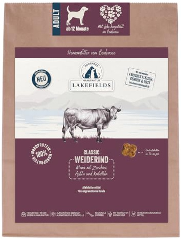 Lakefields Classic Hundefutter trocken | Rind 60% | 1kg | Getreidefreies Trockenfutter für ausgewachsene Hunde | Kartoffeln, Äpfel & Heidelbeeren | Zutaten in Lebensmittelqualität | Schonend gebacken