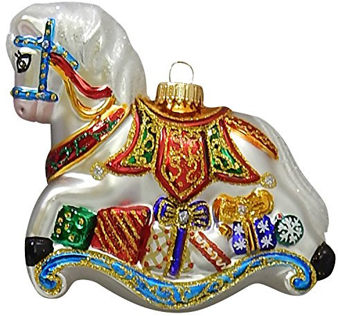 Multicolor Schaukelpferd mit Geschenken 15cm, aus mundgeblasenem Glas, aufwendig handdekoriert