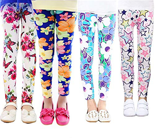 XM-Amigo Kit da 4 Leggings Elasticizzati con Fantasia Floreale per Bambine | Calzamaglie per bambine in tessuto morbido e liscio, adatte all'uso quotidiano e dalla vestibilità aderente, età 2‑13anni