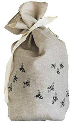 Linen Bread Bag, Plastic Free, Reusable & Machine Washable. Perfect for sourdough, home baked bread and pastries. Hand printed with a beautiful bee design. Made in UK. Approx: 42cm x 28cm x 12cm