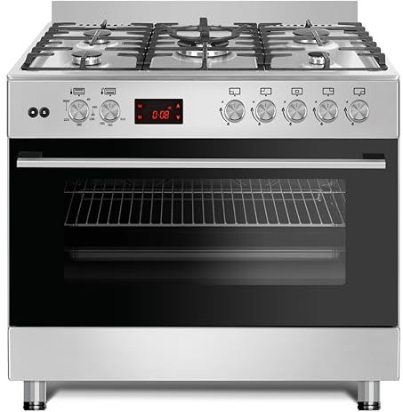 Gasline GAG90PINEX UMLUFT Gas-Herd/ 90x60 cm/Backofen Gas Oberhitze Elektrisch/OBER UNTER Hitze Gleichzeitig/Edelstahl/Energieeffizienzklasse A / 107 Liter/LPG 50mBar