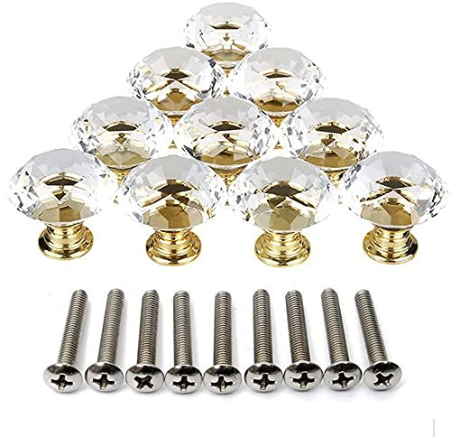 TopHomer 10 PCS Crystal Drawer Knobs Diamond Shape Design Crystal Clear Glass Knobs Transparent-Gold Base for Cabinet Dresser Cupboard Wardrobe Bookcase