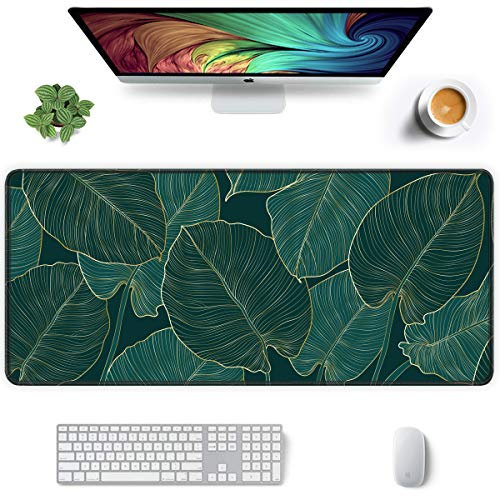 Large Mouse Pad, 900 x 400 mm Large Gaming Mouse Mat with Stitched Edge, XXL Extended Waterproof Computer Keyboard Mousepad, Laptop Desk Pad with Non-Slip Rubber Base for Gaming Office, Green Leaf