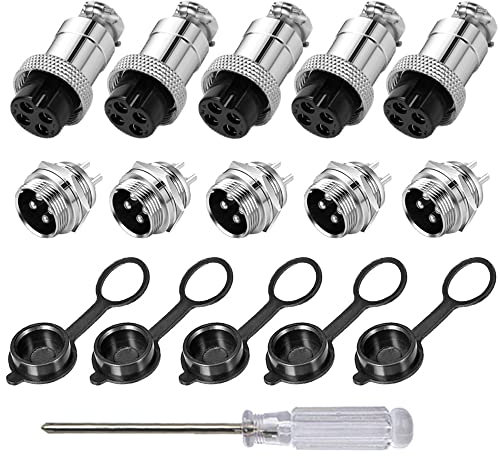 Aiqeer 5 Pcs 4-Pin GX16 Aviation Connector, 16 mm Thread Panel Metal Aviation Cable Connector, 5A Male Female Aviation Connector Plug Socket Kit, with Rubber Cap and Phillips Screwdriver