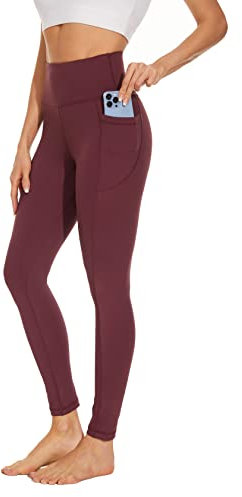 AMYTIS Damen Sport Leggings Yogahose High Waist mit Taschen Fitness Stretch Blickdicht Lang Gym Handytasche, Red#1, XL