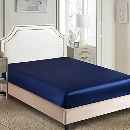 Nur seidiges Satin-Spannbetttuch, klassisch, luxuriös, seidig weich, einfarbig, Marineblau, Kingsize-Bett (150/160 x 200 + 30 cm)