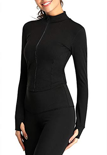 Abtel Women Gym Top Full Zip Running Sports Jacket Activewear Long Sleeve Tops Quick Dry Athletic Workout Tops Jackets M Black