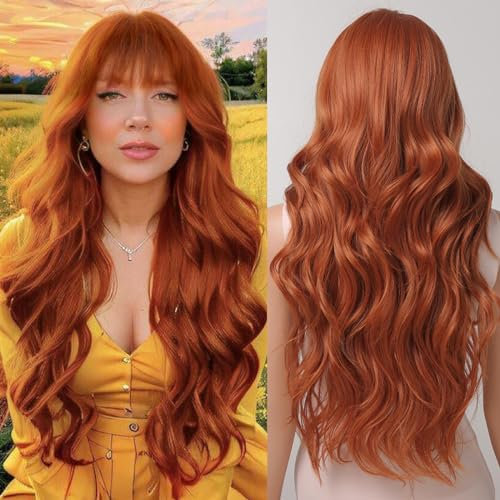 Lange orangefarbene Perücken für Frauen, Körperwelle, Ingwerhaar, synthetische Perücken mit Pony