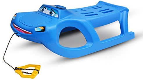 Prime Garden® Auto Kinderschlitten Schlitten Kunststoffschlitten für Kinder mit Zugseil Metallkufen (Blau)