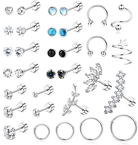 Milacolato Edelstahl Knorpel Ohrringe Set für Damen Herren 18G Kleine CZ Opal Stern Flache Rückseite Tragus Ohrstecker 16G Septum Ring Creolen Silber Helix Daith Nase Ohr Piercing Schmuck 32St