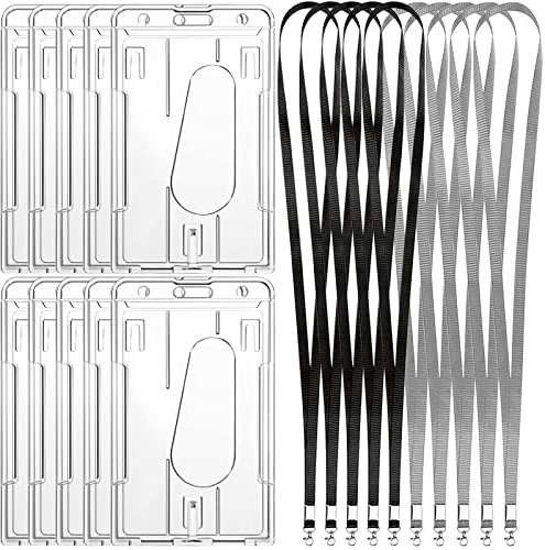 RUIJIE Porte-Badge 10 Pièces Porte-Cartes d'identité en Plastique Rigide Porte Badge Double Carte Porte Carte Vertical Horizontal avec 10 Cordon & 2 Fente Transparente pour Carte de Visite Carte Bus