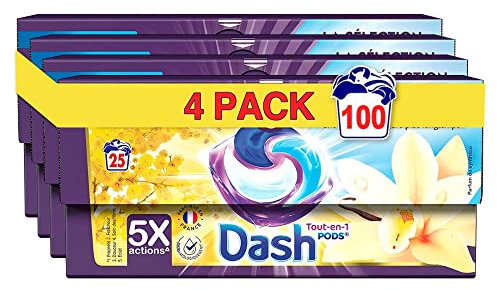 Dash La Selection Tout-en-1 PODS Lessive En Capsules, 100 Lavages (4x25 Tablettes), Vanille Et Mimosa, Ultra Nettoyant Et Fraîcheur Longue Durée, Élimine Les Saletés et Taches, Fabriqué en France