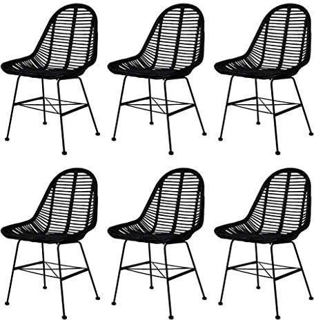 Hommdiy Poly Rattan 6er Set Gartenstühle mit Auflage Armlehne Naturbelassener Rattan-Sitz + Schmiedeeisen-Beine Garten Outdoor Esszimmer Schwarz