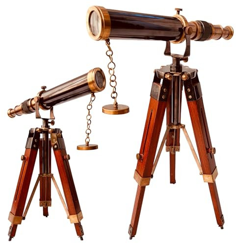 Telescopio decorativo in ottone da 22,9 cm con treppiede in legno, stile vintage, decorazione per tavolo da casa e ufficio, regalo rustico