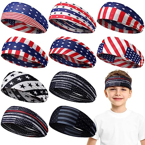 Sratte 10 Pcs 4th of July Headbands Kids Soccer Headbands Boys Sports Baseball American Flag Hair Band Breathable Sweat Headband for Youth Memorial Day USA Running Sweatbands for Independence Day