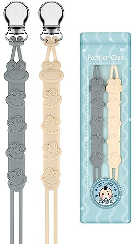 Yolnkos Schnullerkette Junge mädchen Silikon Frosch Schnuller Clips Dummy Halter Schnullerband Schnullerketten für Babydusche 2 Stück(Beige,Grau)