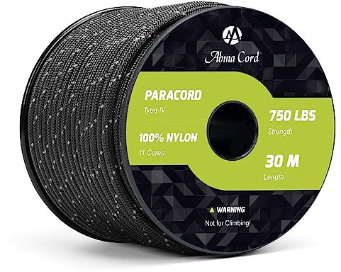 Abma Cord Paracord 750lb 4mm 30M 100% Nylon Seil 11 Kern Typ IV Schnur für Basteln, Camping, Survival, Outdoor - Max. 340kg - Reflektierend Schwarz