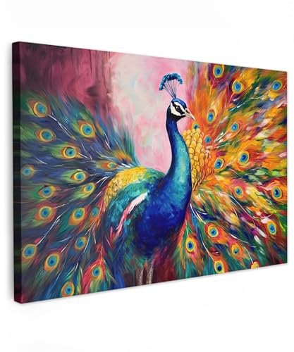 MuchoWow© Bild auf Leinwand Groß 120x80 cm XXL Schlafzimmer Bilder Wand Deko Wohnzimmer Modern Wanddeko Bilderwand Geschenk Kunstdruck - Bunt - Pfau - Tiere - Gemälde - Regenbogen