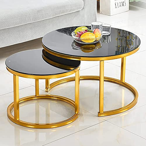 Table Basse gigogne Moderne Ronde, Ensemble de 2 Tables gigognes en Verre trempé, Table de canapé d'extrémité latérale, Cadre en métal, Assemblage Facile, pour Le Salon, Le Bureau et Le BALC