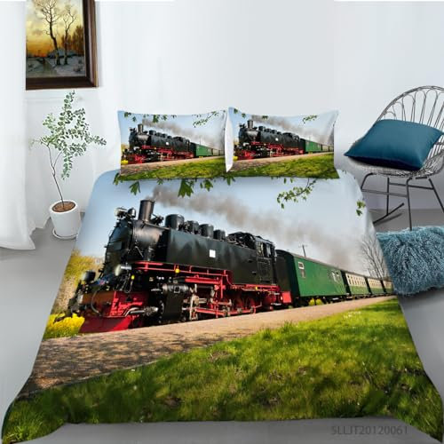 CTQTZ Dampfmaschine Bettwäsche-Set für Kinder 135x200 Retro Zug Kinder bettwäsche Bettbezug und Kissenbezug 80x80cm Schwarz Eisenbahn Lokomotive Bettbezug mit 2 Kissenbezug