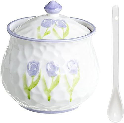 EPASHA Sucrier, sucrier Fleur dessiné à la Main avec Couvercle et cuillère, Grand Pot à Sucre de Styles Multiples, Pot à Sucre, boîte d'assaisonnement - Violettes - 750 ML (Color : Violets)