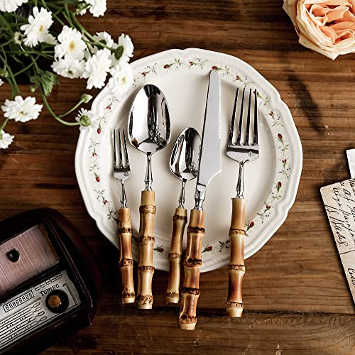 Juego de cubiertos de bambú de 30 piezas para 6 con mango en forma de bambú natural, cuchillos duraderos de acero inoxidable 18/10, tenedores y cucharas para el hogar, cocina, boda, restaurante,