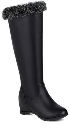 LeaHy Women's Winter Mid-Calf Boots Fur Lined Platform Wedge High Heeled Boots Side Zip Stretchy Boots,Black,4 UK
