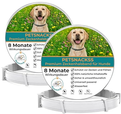 Zeckenhalsband für Hunde (2er Pack) - 100% Natürliche Inhaltsstoffe - bis zu 8 Monate wirksamer Schutz gegen Zecken, Flöhe und Läuse - Universell passend