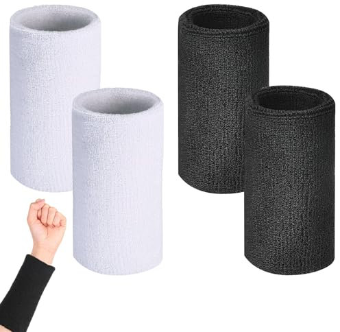 4 Pièces Longs Bracelets de Sport, Bandeau Poignet Sport Transpiration, Sport Serre Poignets, Bandeaux de Poignet 15 x 8 cm, pour Handball, Basket-Ball, Tennis, Gymnastique, 2 Noirs + 2 Blancs