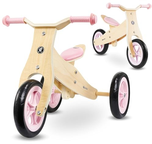 HyperMotion Lauflernrad aus Holz 2in1 - Laufrad ab 1 Jahr und Dreirad ab 18 Monate, Fahrräder für Kleinkinder Mädchen, Verstellbarer Sitz, Rosa