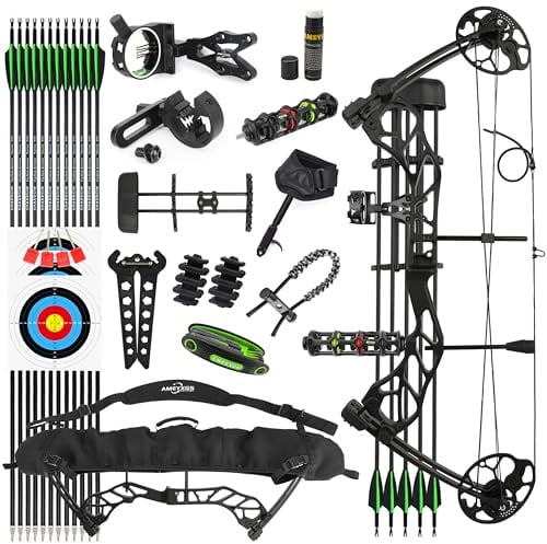 SHARROW Bogenschießen Set Compound Bogen und Pfeile Set 19lbs-70lbs Einstellbare Erwachsene Jagd Compoundbogenset 320FPS mit allem Zubehör für Outdoor-Schießen (Schwarz)