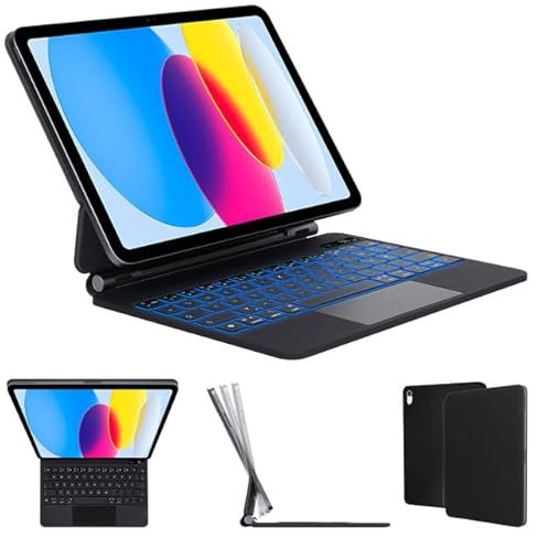 LAMA Magnetische Tastaturhülle für iPad 10 Gen. 2022 10.9'' (A2696/A2757/A2777), Bluetooth Tastaturhülle mit Trackpad, Hintergrundbeleuchtung, Magnetische Freischwebende (Deutsche QWERTZ), Schwarz