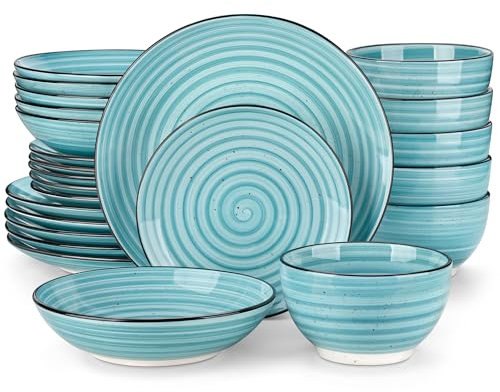vancasso, Série BONBON, Service de Table en Grès, Service Complet 24 Pièces pour 6 Personnes, Assiette Plate Dessert Creuse, Bols, Style Vintage Rustique, Tout Bleu Clair