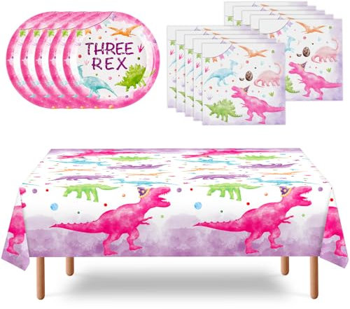 WERNNSAI Dinosaur Party Tableware Set - 33 PCS Pink Dinosaur 3rd Birthday Party Supplies Disposable Three Rex Plates Napkins Tablecloth for Girls Kids 3rd Birthday Party Decorations Serve 16 Guests