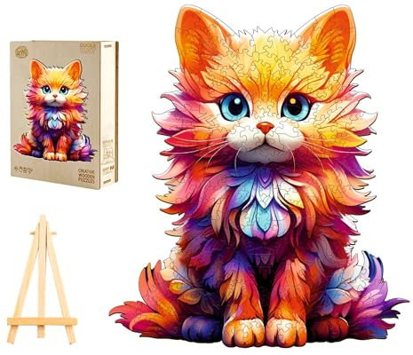 PASJO Holzpuzzle Erwachsene Katzemotiv 250 Teile 35,5x30,7 cm Geschenkidee Tierförmige Puzzleteile Creative Jigsaw Mini-Staffelei Holzschachtel