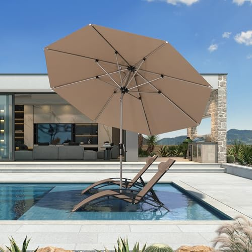 PURPLE LEAF Parasol de Jardin Extérieur Inclinable 3m Rond, Parasol Balcon avec Châssis en Aluminium Champagne, Toile UPF 50+ pour Jardin Terrasse Patio Piscine, Taupe
