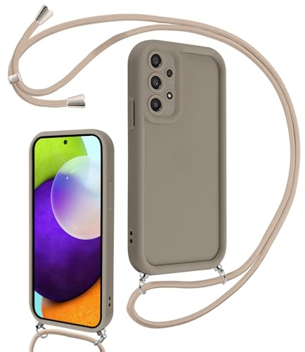 Coalbooliy Handykette für Samsung Galaxy A52（5G） Hülle 6,5 mit Band, Handyhülle Kameraschutz Weiches Silikon Necklace Stoßfeste Schutzhülle mit Kordel zum Umhängen Cover für Mädchen Frauen, Khaki