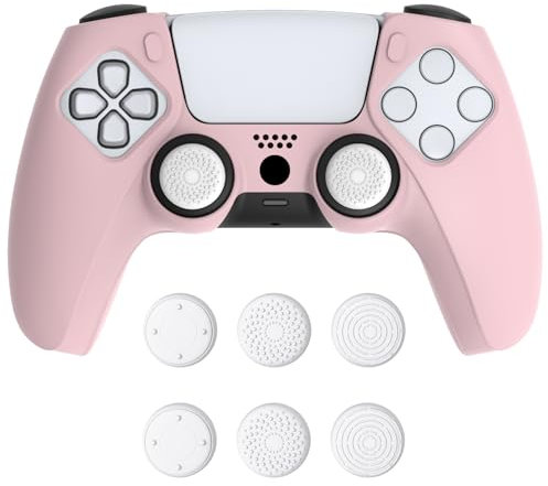 PlayVital Funda de Silicona Acoplable para ps5 Mando - Cubierta Protectora Antideslizante y Suave con 6 Tapas para Pulgar, Grip Mejorado, Compatible con Estación de Carga (Pure Series-Rosa)