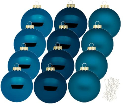 Inge Glas große Weihnachtskugeln mit Haken | Christbaumkugeln aus Glas | Set 12 Kugeln 8cm groß und 40 Aufhänger | Christbaumschmuck Weihnachtsbaumkugeln (Deep Blue | blau)