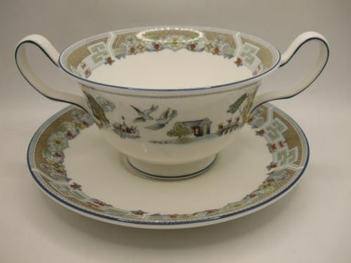 Wedgwood Chinese Legend Pattern Handled Soup Cup and Saucer Height 7cm Made in England