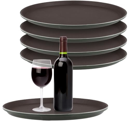 SINJEUN 5 Stück Gastro Tablett rutschfest 28 cm, Braun Kellner Tablett Kellnertablett Serviertablett rutschfest Rund für Café, Bar, Restaurant