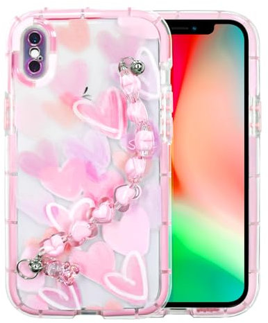 YEPO For iPhone X/XS Case Cute Wrist Strap, Pink Heart Design TPU Soft Shockproof Protective Clear Phone Cases for iPhone X/XS Girls Women Mobile Cover