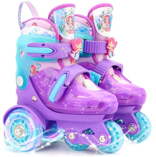 Kinder Rollschuhe für Mädchen Junge Einhorn Dinosaurier Meerjungfrau Rollschuhe Größen Verstellbar mit Leuchtenden Rädern für Anfänger Weihnachts und Geburtstags Geschenke