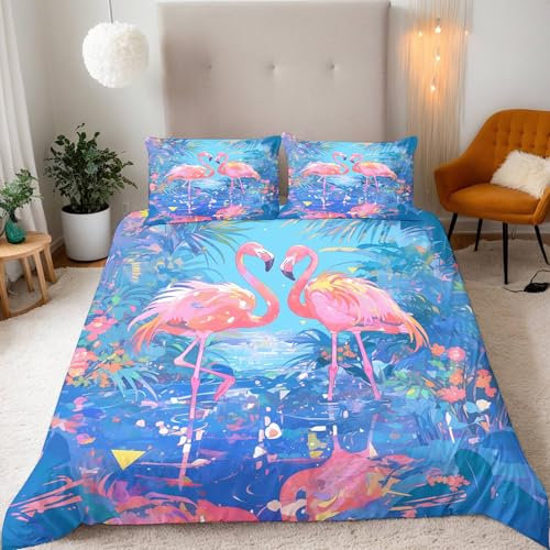 Generisch Rosa Flamingo Bettwäsche 135X200 Tier Junge Mädchen Bettbezug 3D-Druckmuster Teenager Bettwäsche-Set Mikrofaser Bettbezug Mit Reißverschluss Und 2 Kissenbezug 80X80Cm