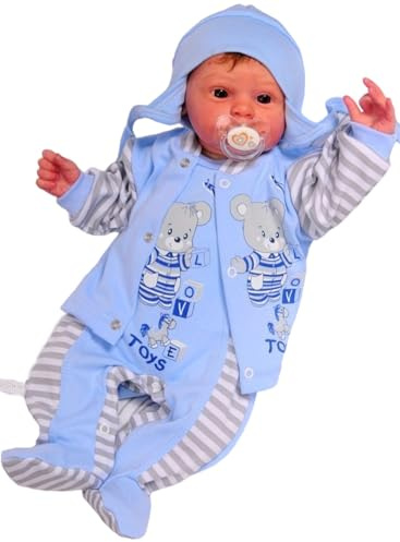 La Bortini Baby Anzug 3-teilig Set Strampler Jäckchen Mütze Blau gestreift Bär Motiv Neugeborene Jungen Babykleidung Geschenk Geburt Babymode Erstlingsausstattung bequem Babyset Kleidung