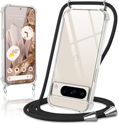 Coiwxmoi Handyband Handyhülle für Google Pixel 8 Pro Hülle mit Band,Transparent Case mit Kette Abnehmbar zum Umhängen Kordel Schutzhülle,Weich Silikon TPU Stoßfest Cover für Google 8 Pro 5G,Schwarz