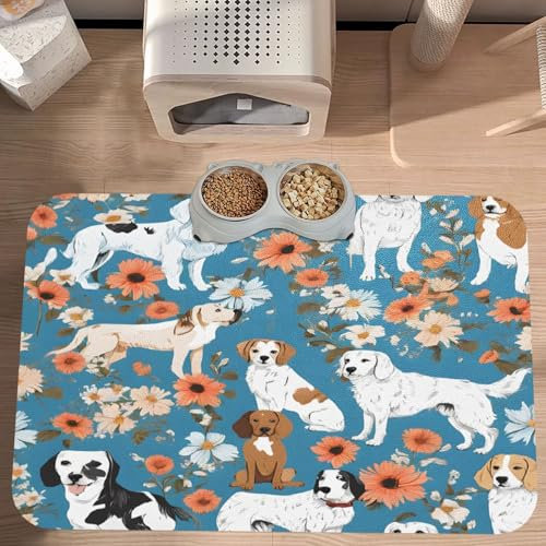 PLAGDECNA Absorbent Pet Feeding Mat, Large Dog & Cat Food Mat With Quick-Dry Pu Leather & Anti-Slip Base, Sweet Basset Hound Florals Pet Placemat For Water/Food Bowls & Automatic Feeders, 60x40cm