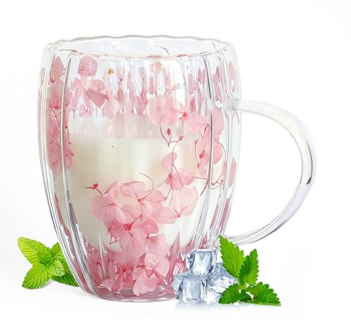 AWSOLAR 300ml Dry Flowers Double Walled Glass Mugs, Tea Cup with Handle, Birthday Gifts for Women Mum Friends Teacher Mothers Day Valentines